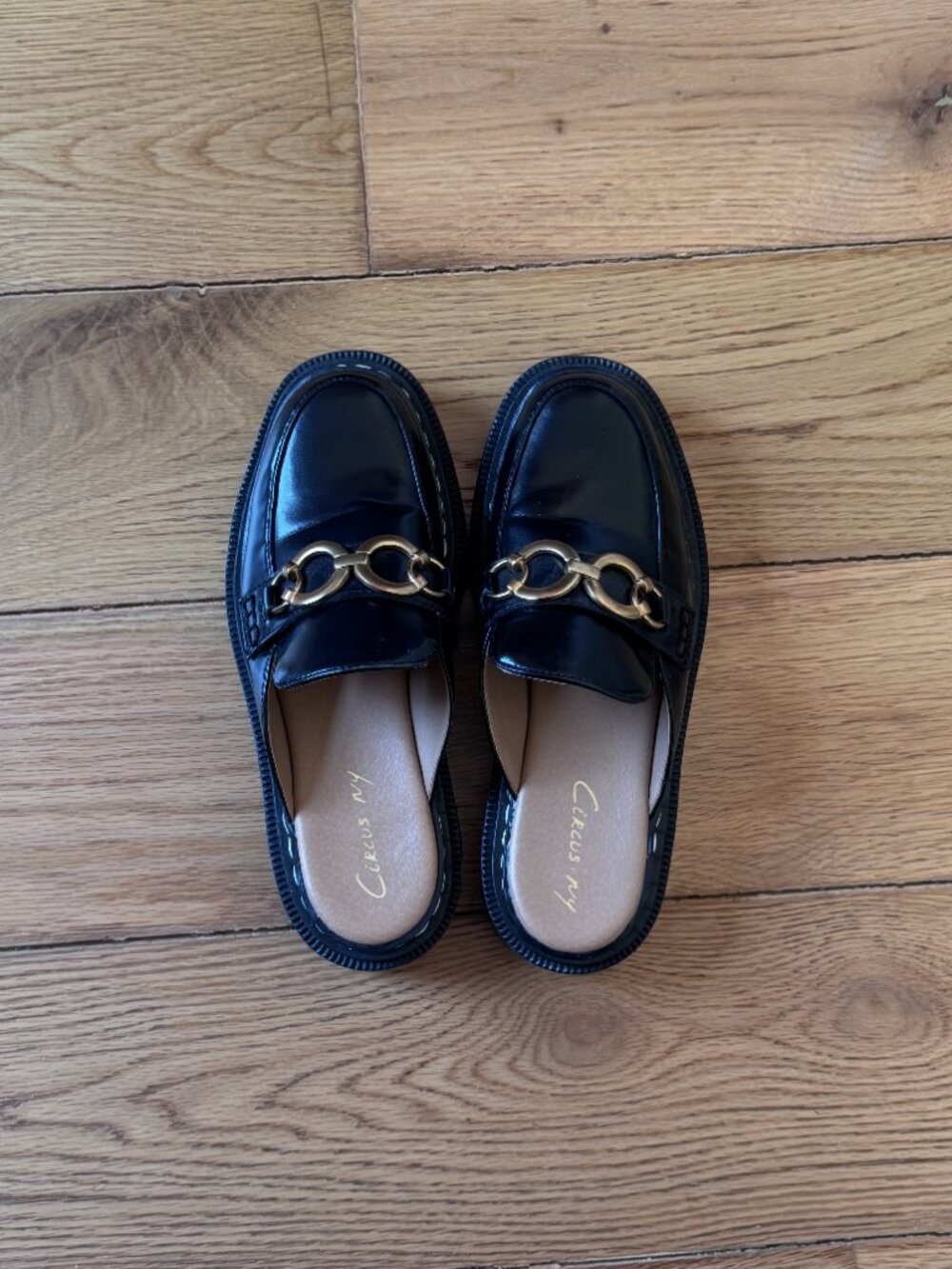 Circus by Sam Edelman Black Leather Lug Sole Mule with Gold Horsebit - Picture 2 of 5